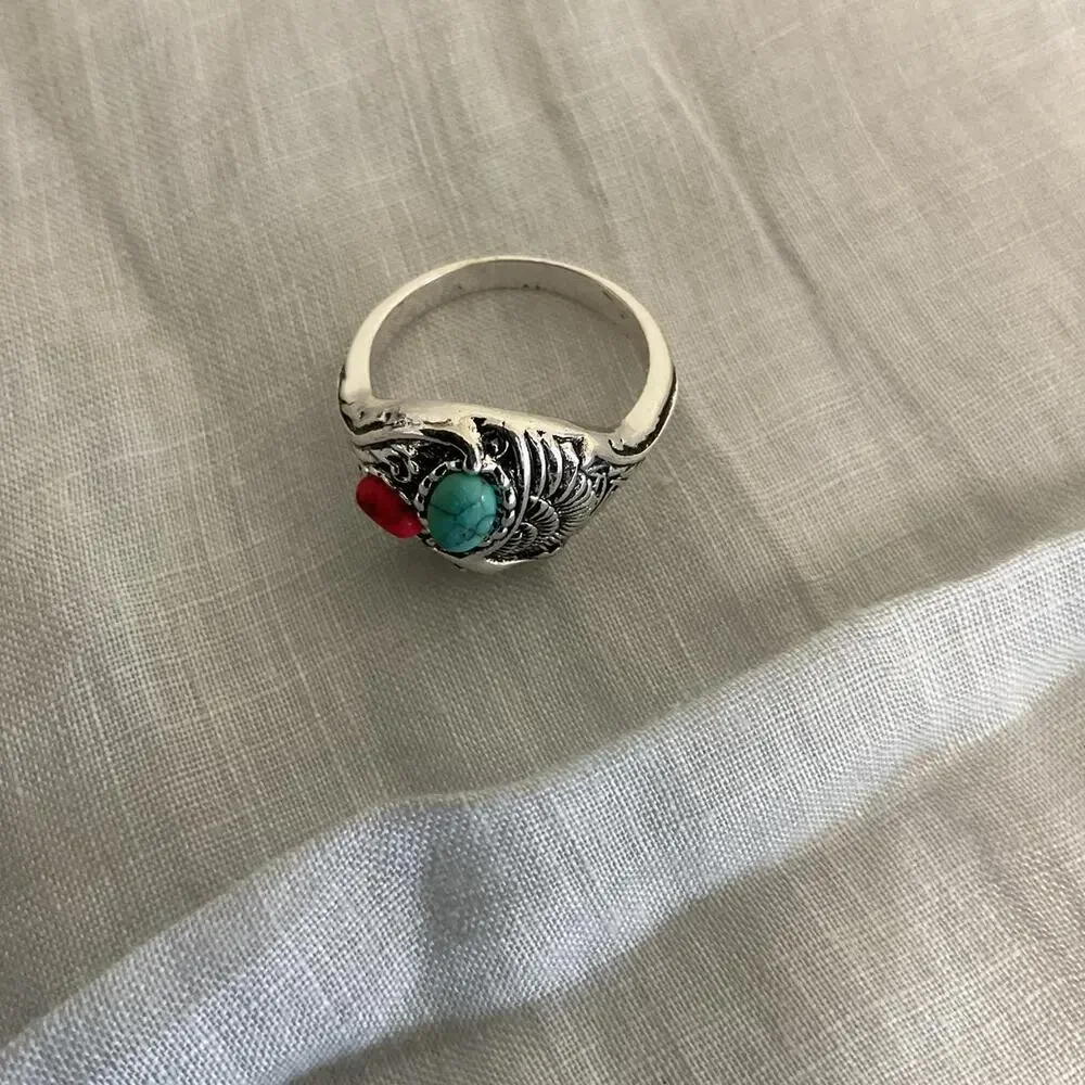 Silver ring with turquoise red Eagle Statement Ring Size 9 - Picture 5 of 5